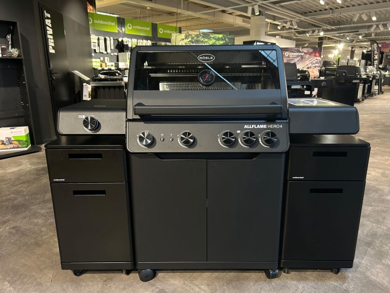 Rösle Gasgrill ALLFLAME Hero 4 - Smart-Edition mit Easy Check Wireless Thermometer + 2x Premium Grillschrank (GRILLFÜRST EDITION)