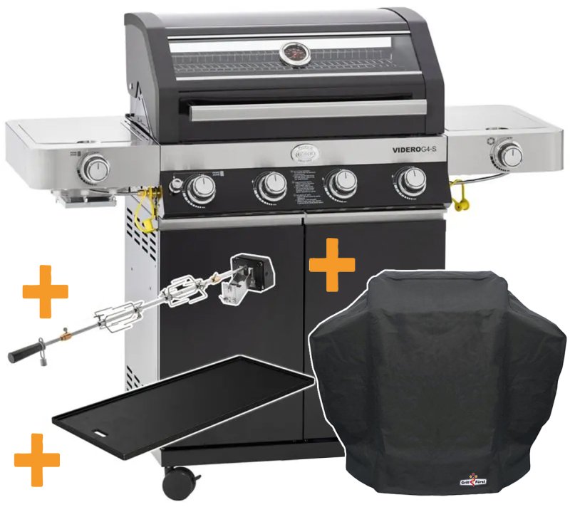 Rösle Gasgrill Videro G4-S VARIO+ schwarz - Modell 2025 - X-DEAL inkl. Abdeckhaube, Grillplatte und Drehspieß