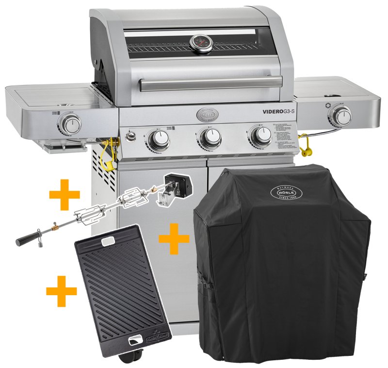Rösle Edelstahl Gasgrill Videro G3-S VARIO+ - Limited Edition Modell 2023 - X-DEAL inkl. Abdeckhaube, Grillplatte und Dreshpieß