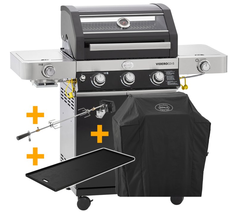 Rösle Gasgrill Videro G3-S VARIO+ schwarz - Modell 2025 - X-DEAL inkl. Abdeckhaube, Grillplatte und Drehspieß