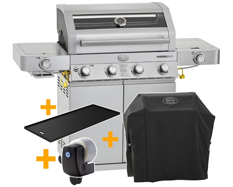 Rösle Edelstahl Gasgrill Videro G4-S VARIO+ - Limited Edition Modell 2023 - SMART Deal inkl. Grillfürst Grill Control + Abdeckhaube und Grillplatte