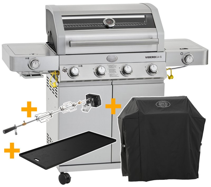 Rösle Edelstahl Gasgrill Videro G4-S VARIO+ - Limited Edition Modell 2023 - X-DEAL inkl. Abdeckhaube, Grillplatte und Drehspieß
