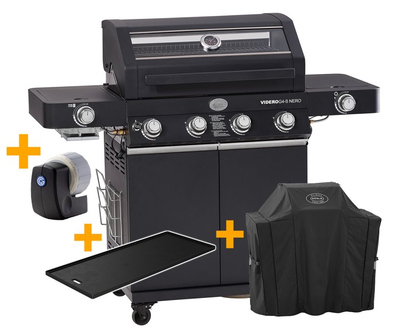 Rösle Gasgrill BBQ-Station Videro G4-S Vario+ Nero schwarz - Modell 2023 - SMART Deal inkl. Grillfürst Grill Control + Abdeckhaube und Grillplatte