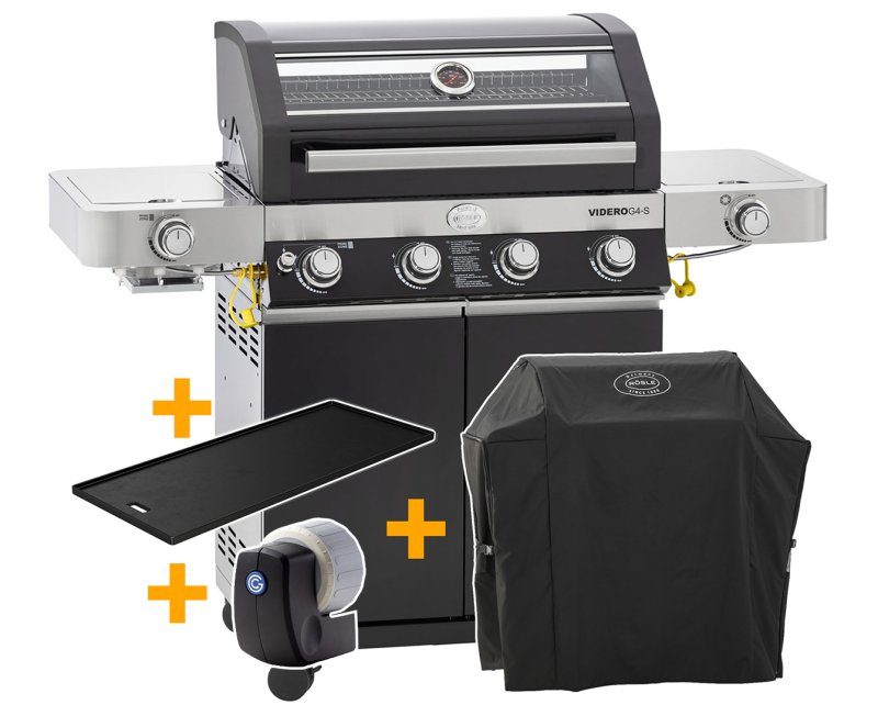 Rösle Gasgrill Videro G4-S VARIO+ schwarz - Modell 2023 - SMART Deal inkl. Grillfürst Grill Control + Abdeckhaube und Grillplatte