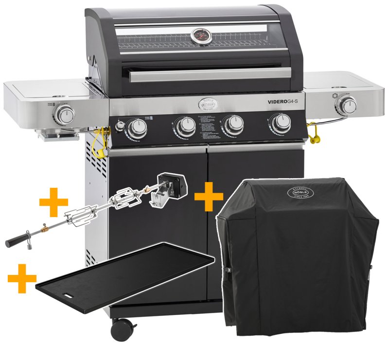 Rösle Gasgrill Videro G4-S VARIO+ schwarz - Modell 2024 - X-DEAL inkl. Abdeckhaube, Grillplatte und Drehspieß