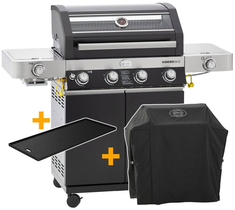 Rösle Gasgrill Videro G4-S VARIO+ schwarz - Modell 2024 - X-DEAL inkl. Abdeckhaube und Grillplatte