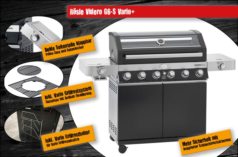 Rösle Gasgrill Videro G6-S VARIO+ schwarz - Modell 2025 - inkl. Abdeckhaube