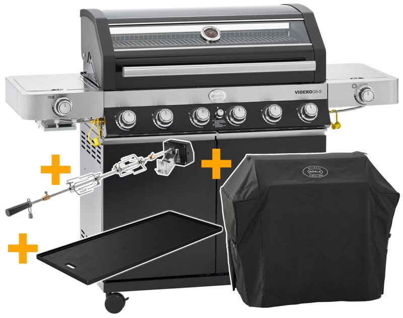 Rösle Gasgrill Videro G6-S VARIO+ schwarz - Modell 2023 - X-DEAL inkl. Abdeckhaube, Grillplatte und Drehspieß