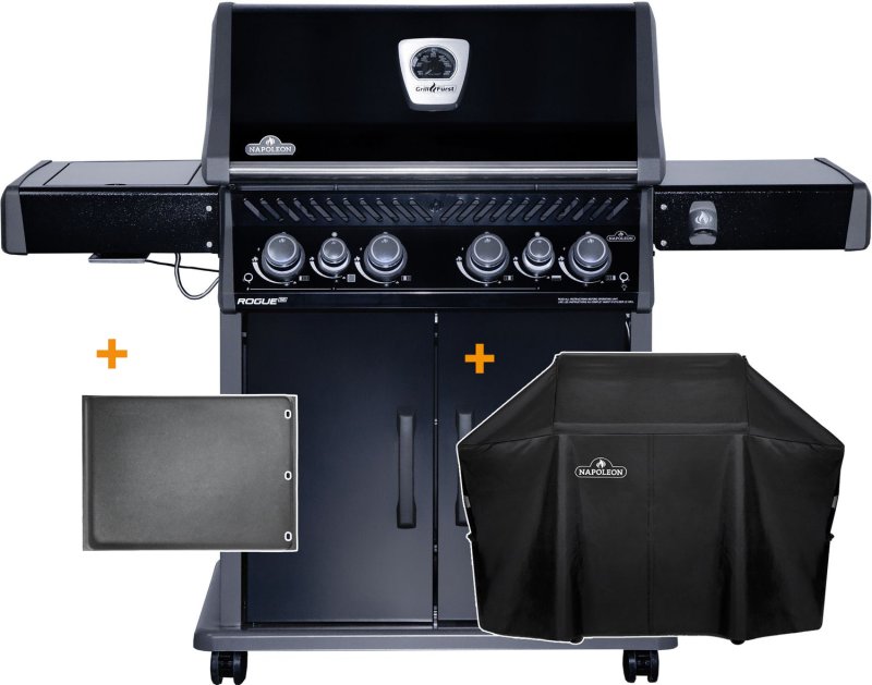 Napoleon Rogue SE 525 Gasgrill - all-black - mit Sizzle Zone und Heckbrenner - Grillfürst Edition inkl. Abdeckhaube im Karton + Gussplatte - Modell 2024