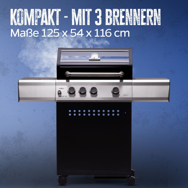 Grillfürst Gasgrill S330G - inkl. Abdeckhaube, Grillbürste, Grillplatte und Pizzastein