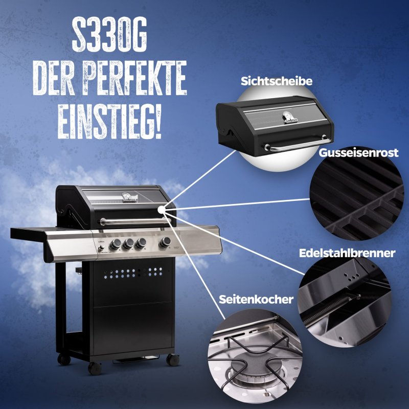 Grillfürst Gasgrill S330G - inkl. Abdeckhaube, Grillbürste, Grillplatte und Pizzastein