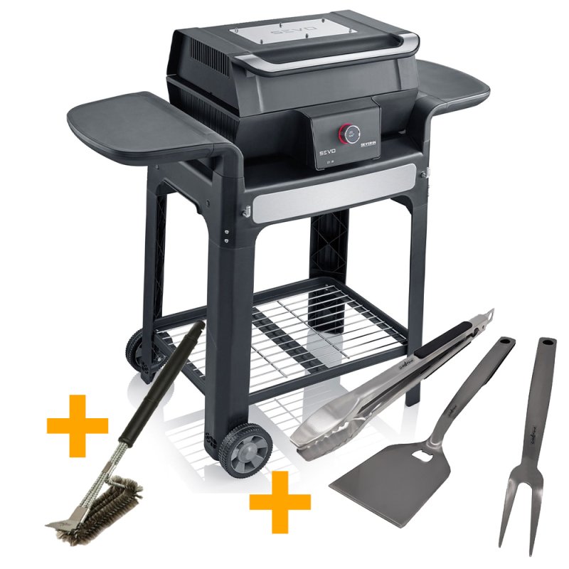 Severin Elektrogrill SEVO GTS - Boost Zone 500°C - mit Deckel und Grillwagen - 3.000 W - inkl. Grillfürst Premium Grillbesteck Set und Premium Grillbürste