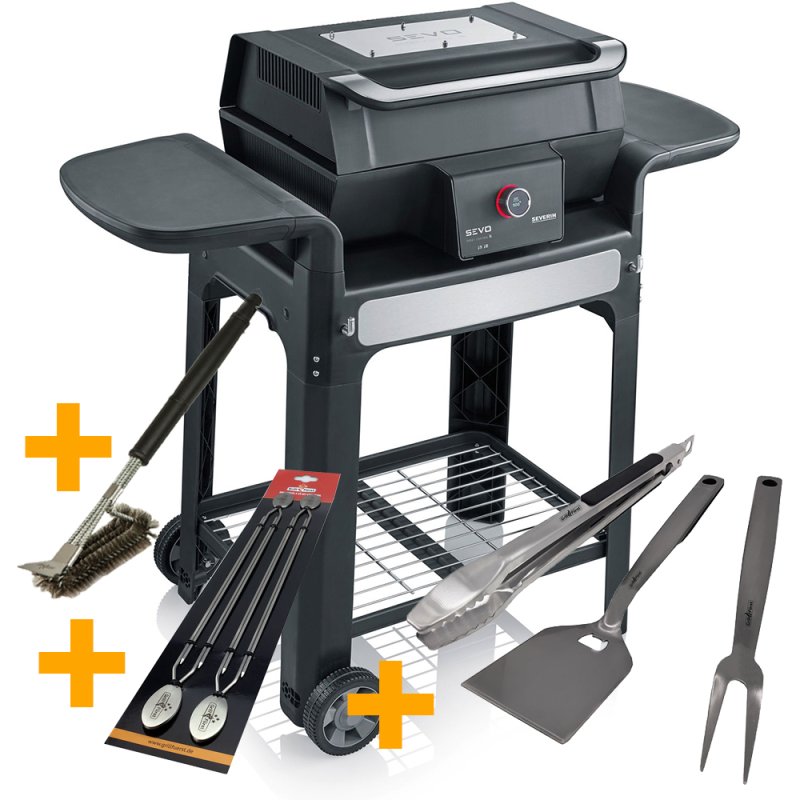 Severin Elektrogrill SEVO Smart Control GTS - Boost Zone 500°C - mit Deckel und Grillwagen - 3.000 W - inkl. Grillfürst Premium Grillbesteck Set, Premium Grillbürste und Grillspieße 4er Set