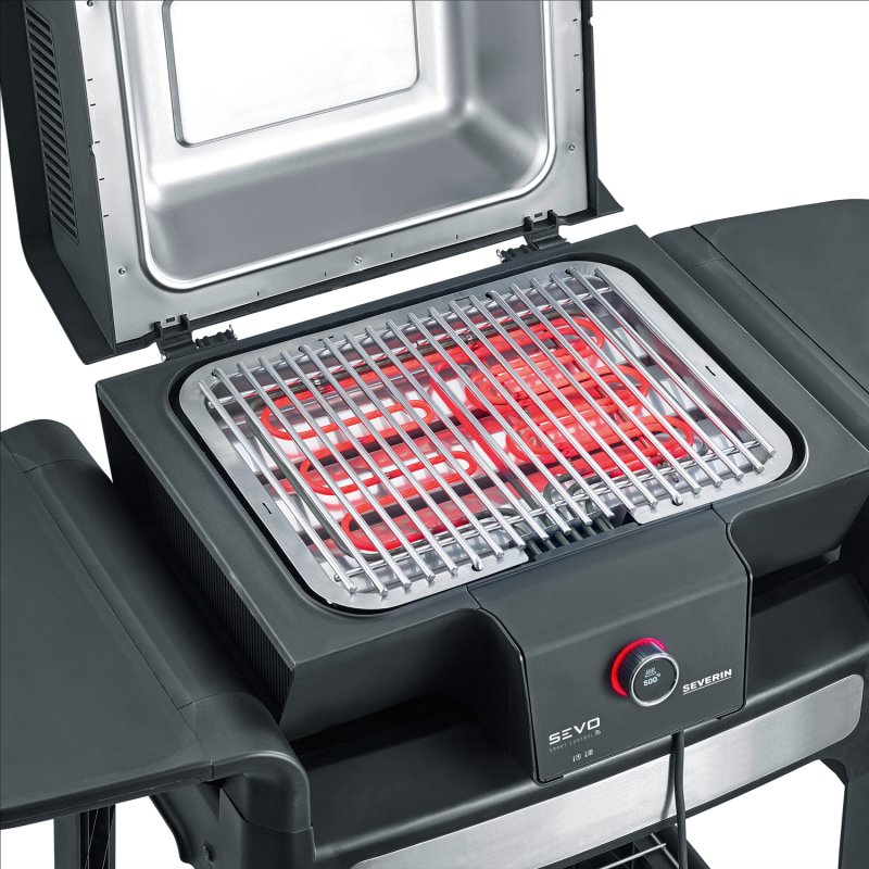 Severin Elektrogrill SEVO Smart Control GTS - Boost Zone 500°C - mit Deckel und Grillwagen - 3.000 W - inkl. Grillfürst Premium Grillbesteck Set, Premium Grillbürste und Grillspieße 4er Set