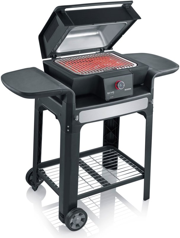 Severin Elektrogrill SEVO Smart Control GTS - Boost Zone 500°C - mit Deckel und Grillwagen - 3.000 W - inkl. Grillfürst Premium Grillbesteck Set, Premium Grillbürste und Grillspieße 4er Set
