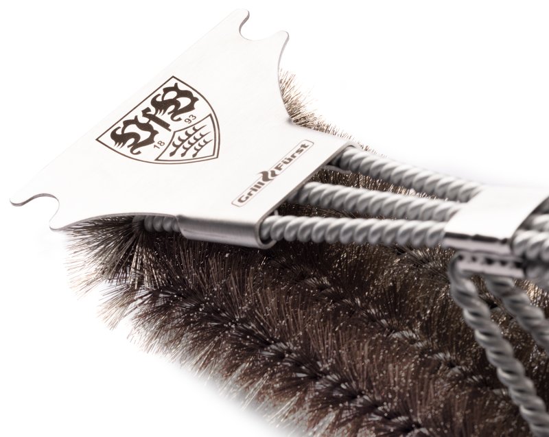 Grillfürst Grillbürste Edelstahl, mit langem 3-fach Bürstenkopf und Schaber - VfB Stuttgart Edition