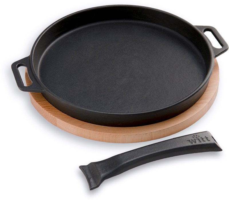 Witt Bratpfanne Gusseisen - Ø 24 cm - glatt - mit Holzbrett