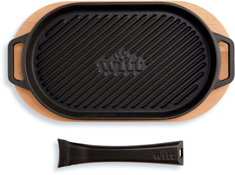 Witt Grillpfanne Gusseisen - gerillt - mit Holzbrett