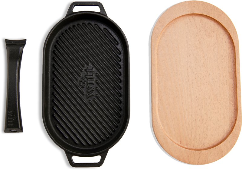 Witt Grillpfanne Gusseisen - gerillt - mit Holzbrett