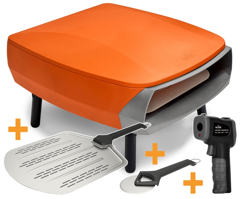 Witt Gas Pizzaofen Etna Rotante matt orange - inkl. Pizzaschieber, Pizzaschneider & Infrarot Thermometer