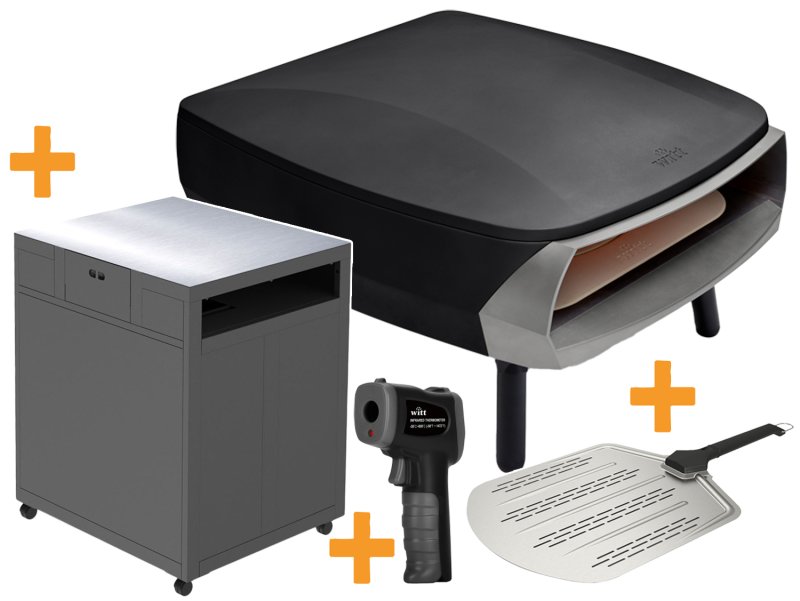 Witt Gas Pizzaofen Etna Rotante matt schwarz - Outdoorküchen Starterpaket inkl. Pizzatisch, Pizzaschieber & Infrarot Thermometer