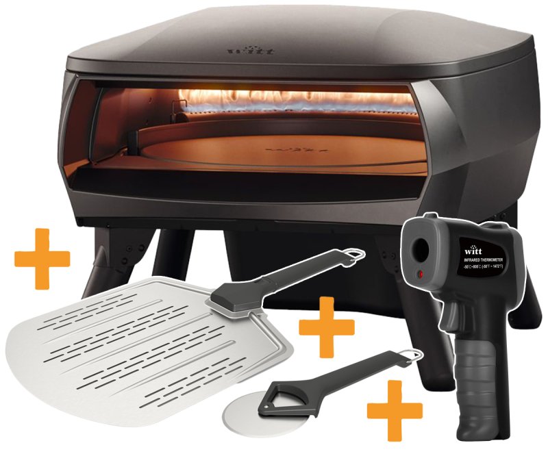 Witt Gas Pizzaofen Etna Piccolo Rotante matt schwarz - inkl. Pizzaschieber, Pizzaschneider & Infrarot Thermometer