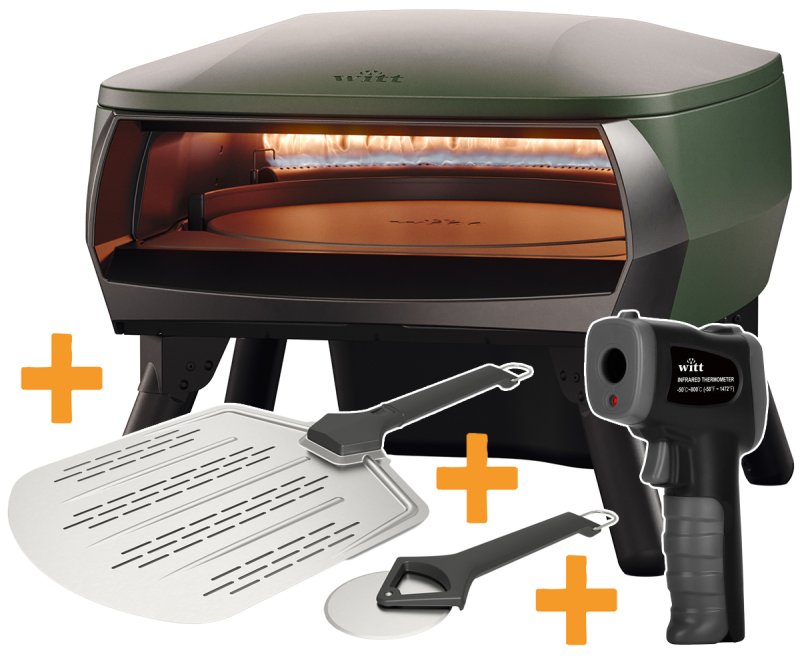 Witt Pizzaofen Piccolo Rotane 13" - matt grün - inkl. Pizzaschieber, Pizzaschneider & Infrarot Thermometer