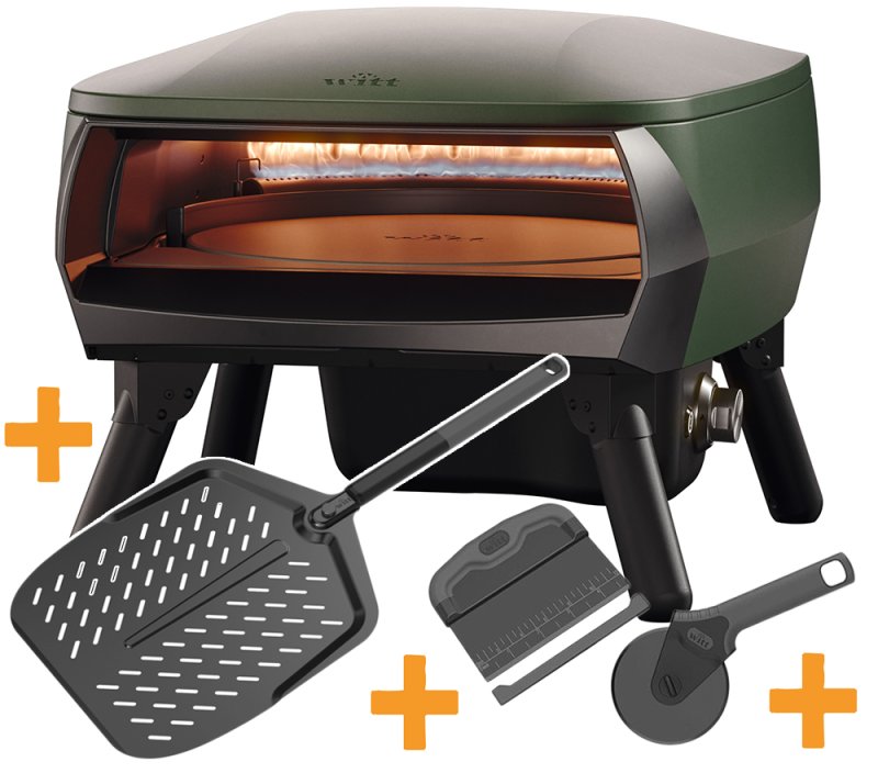 Witt Pizzaofen Piccolo Rotante 13" - matt grün - inkl. Black Edition Pizzateigschaber, Pizzaschneiderad & Pizzaschieber Größe 12"