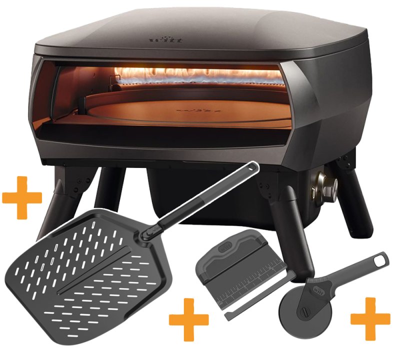 Witt Pizzaofen Piccolo Rotante 13" - matt schwarz - Pizzateigschaber, Pizzaschneiderad & Pizzaschieber Größe 12"