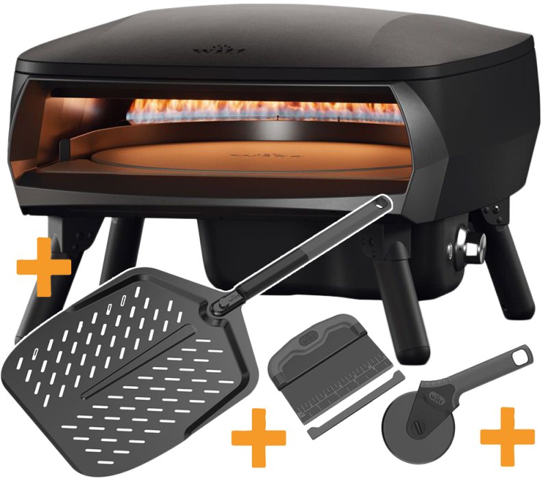 Witt Pizzaofen Piccolo Rotante 16" - matt schwarz - inkl. Black Edition Pizzateigschaber, Pizzamesser, Pizzaschieber 14"