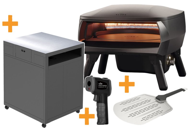 Witt Gas Pizzaofen Etna Piccolo Rotante matt schwarz - Outdoorküchen Starterpaket inkl. Pizzatisch, Pizzaschieber & Infrarot Thermometer