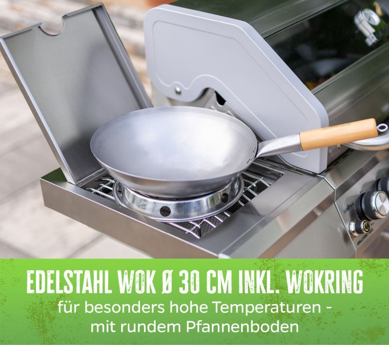 Grillfürst Edelstahl Wok Ø 30 cm mit Wokring für Seitenkocher / Grillrost
