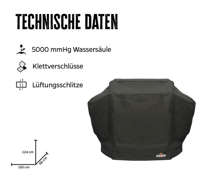 Grillfürst Abdeckhaube 155 x 66 x 124 cm Napoleon Rogue 525, LE3, LEX485 / Broil King Regal 490, Crown 490, Baron 490, 440, Signet 390, 340, 320 / Weber Genesis II 3-Brenner / Enders Monroe Pro 4 / Rösle Allflame Hero 6 / Outdoorchef Heat X-345 / Burnhard