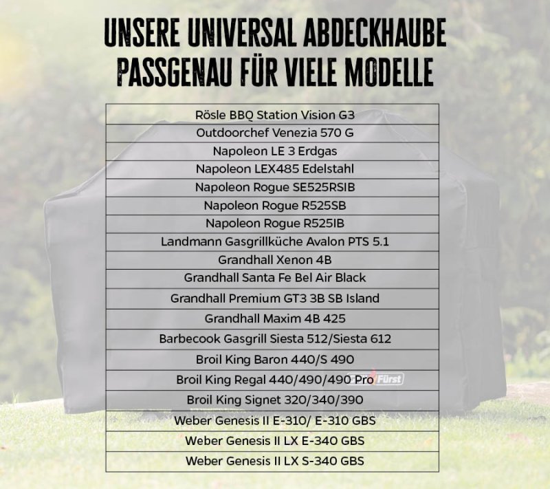 Grillfürst Abdeckhaube 155 x 66 x 124 cm Napoleon Rogue 525, LE3, LEX485 / Broil King Regal 490, Crown 490, Baron 490, 440, Signet 390, 340, 320 / Weber Genesis II 3-Brenner / Enders Monroe Pro 4 / Rösle Allflame Hero 6 / Outdoorchef Heat X-345 / Burnhard