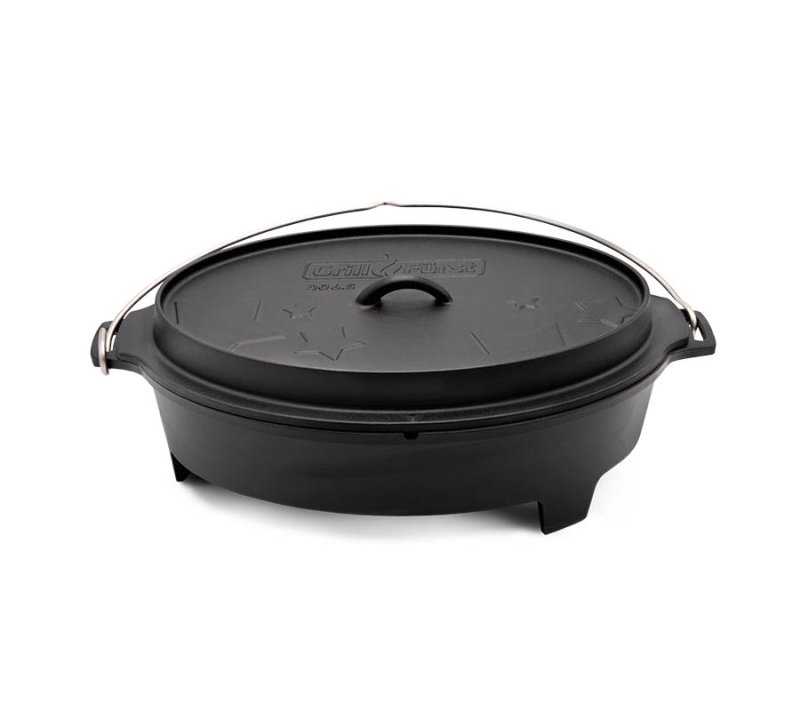 Grillfürst Dutch Oven Set BBQ Edition DO 6,5 flach / oval für Weber Spirit, Weber Genesis, Broil King Signet - X-Deal inkl. Pflegepaste, Deckelheber und Kochlöffel