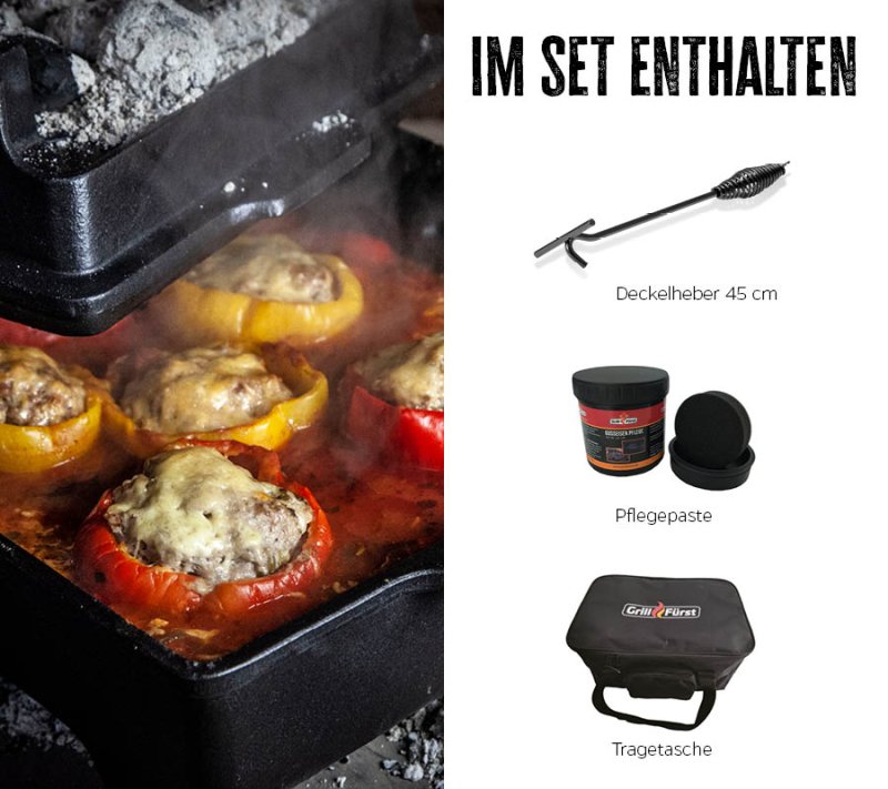Grillfürst Dutch Oven Set BBQ Kastenform BK6 aus Gusseisen - X-DEAL inkl. Tragetasche, Gusseisen Pflege und Deckelheber