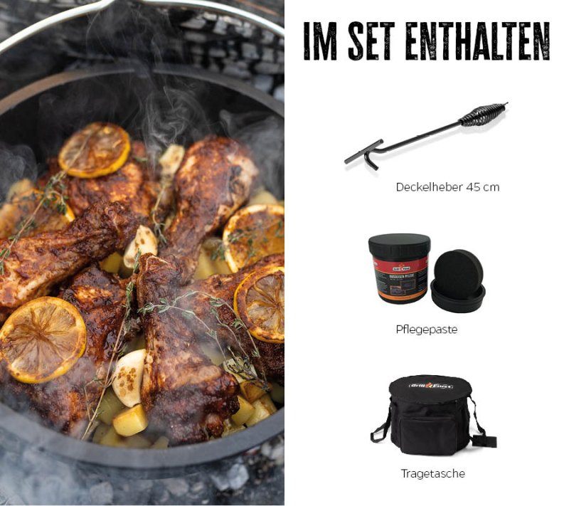 Grillfürst Dutch Oven Set BBQ Edition DO2 - X-DEAL inkl. Tragetasche, Gusseisen Pflege und Deckelheber