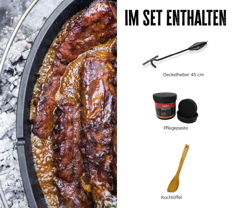 Grillfürst Dutch Oven Set BBQ Edition DO 6,5 flach / oval für Weber Spirit, Weber Genesis, Broil King Signet - X-Deal inkl. Pflegepaste, Deckelheber und Kochlöffel