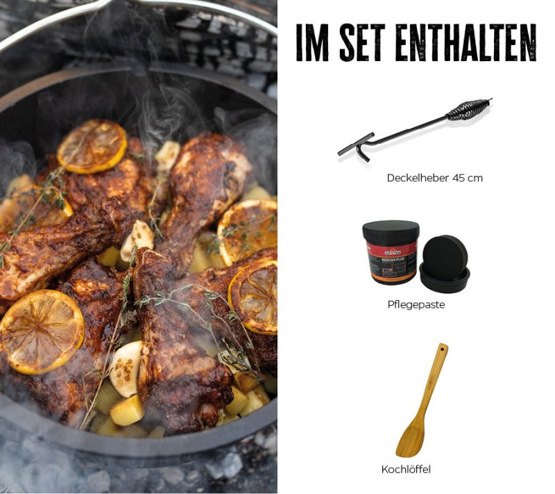 Grillfürst Dutch Oven Set BBQ Edition DO6 - X-Deal inkl. Pflegepaste, Deckelheber und Kochlöffel