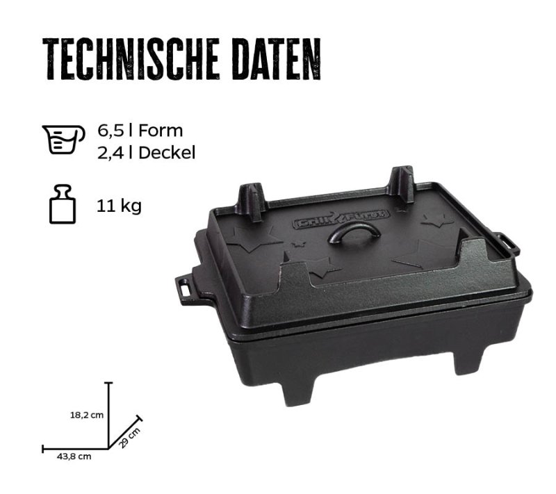 Grillfürst Dutch Oven Set BBQ Kastenform BK6 aus Gusseisen - X-DEAL inkl. Tragetasche, Gusseisen Pflege und Deckelheber