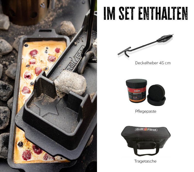 Grillfürst Dutch Oven Set BBQ Kastenform BK4 aus Gusseisen - X-DEAL inkl. Tragetasche, Gusseisen Pflege und Deckelheber