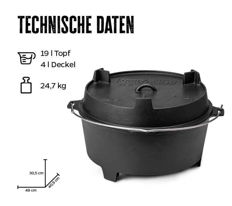 Grillfürst Dutch Oven Set BBQ Edition DO20 - X-DEAL inkl. Tragetasche, Gusseisen Pflege, Ringreiniger, Deckelheber und Bambus-Kochlöffel