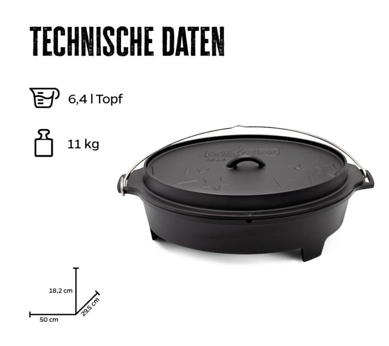 Grillfürst Dutch Oven Set BBQ Edition DO 6,5 flach / oval für Weber Spirit, Weber Genesis, Broil King Signet - X-Deal inkl. Pflegepaste, Deckelheber und Kochlöffel