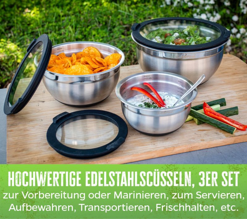 Grillfürst BBQ 3er Edelstahlschüssel Set mit Glasdeckel