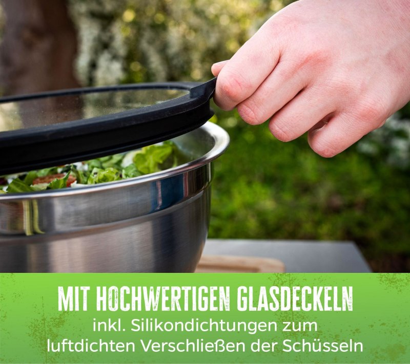 Grillfürst BBQ 3er Edelstahlschüssel Set mit Glasdeckel