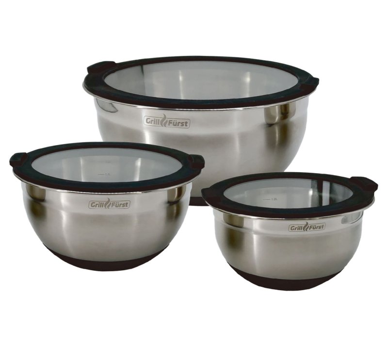 Grillfürst BBQ 3er Edelstahlschüssel Set mit Glasdeckel - Retoure