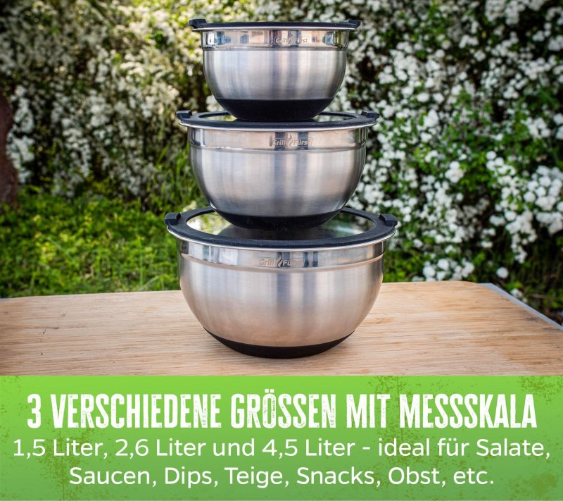 Grillfürst BBQ 3er Edelstahlschüssel Set mit Glasdeckel