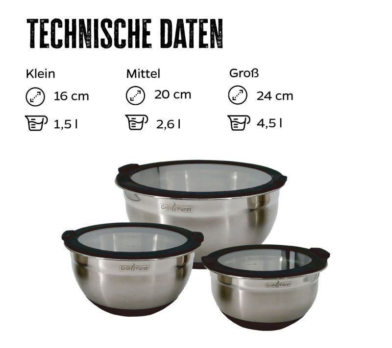 Grillfürst BBQ 3er Edelstahlschüssel Set mit Glasdeckel