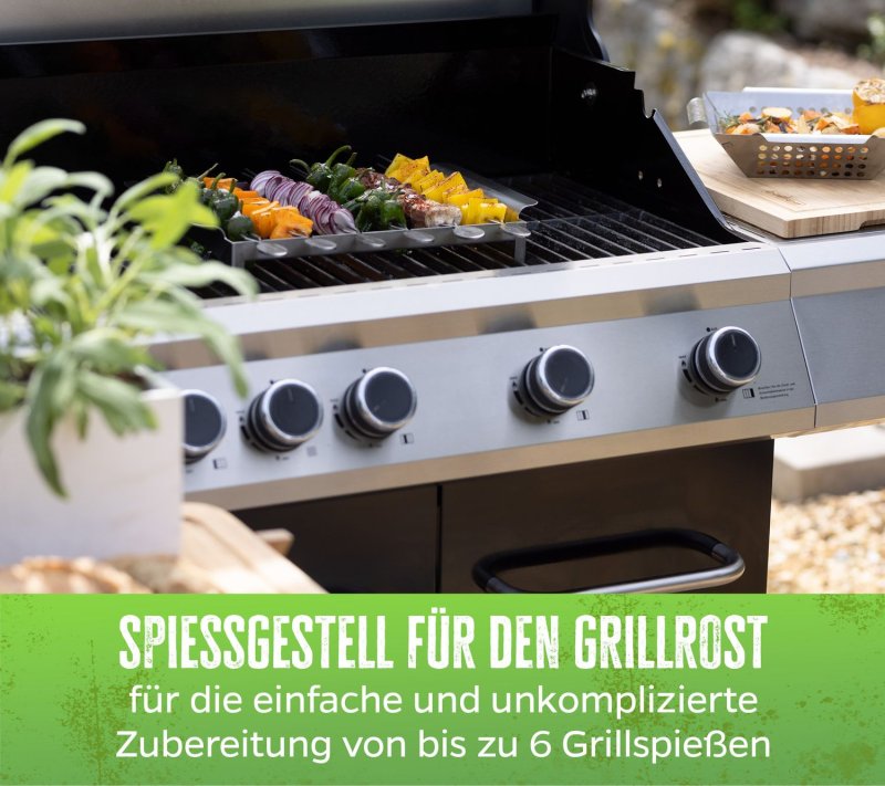 Grillfürst Edelstahl Spießhalter / Spießgestell mit 6 Doppelspießen