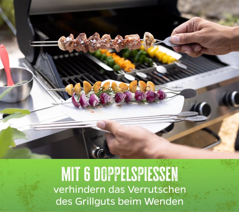 Grillfürst Edelstahl Spießhalter / Spießgestell mit 6 Doppelspießen